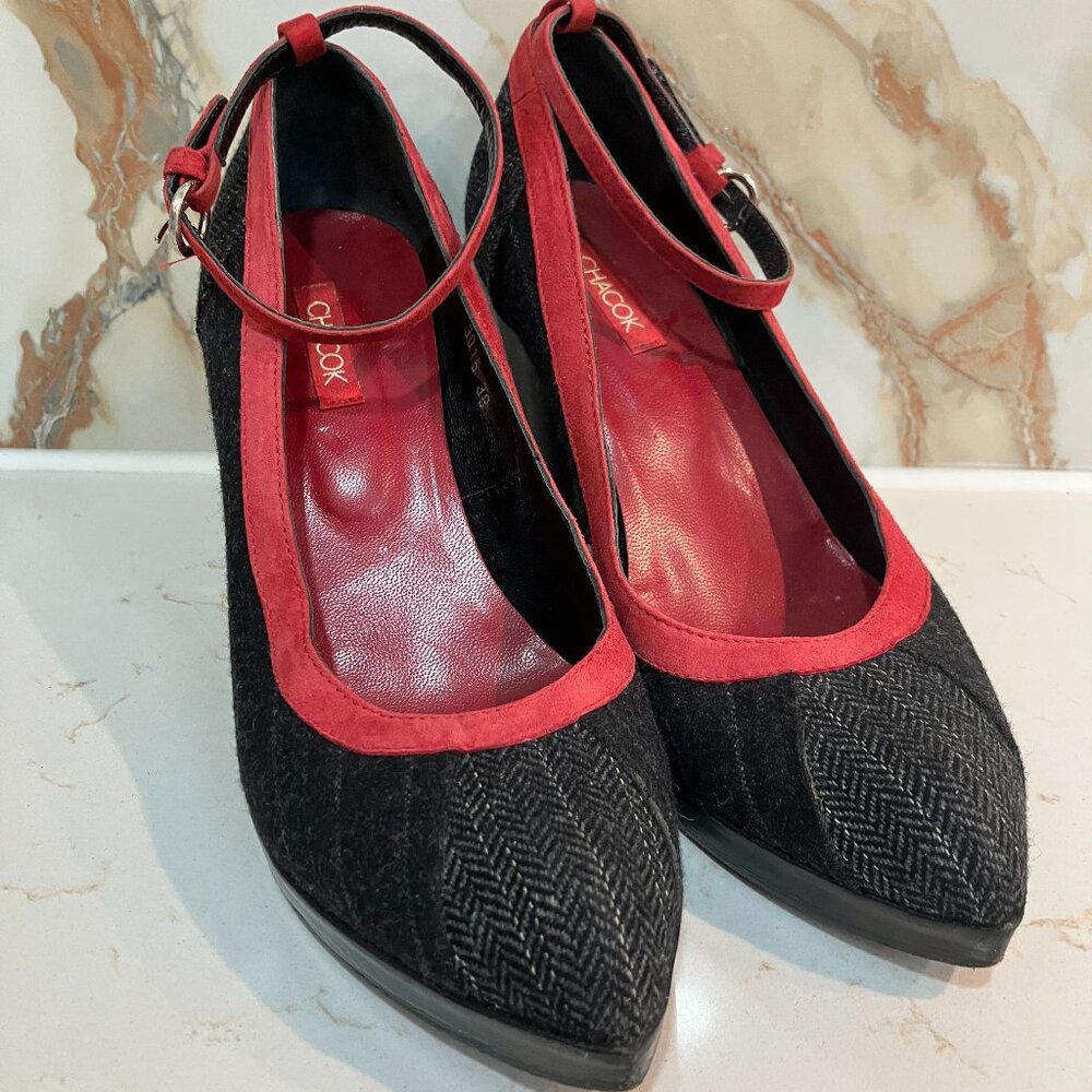CHACOK Paris Vintage Mary Jane Pumps - Red Suede & Herringbone - Size 39 (8)